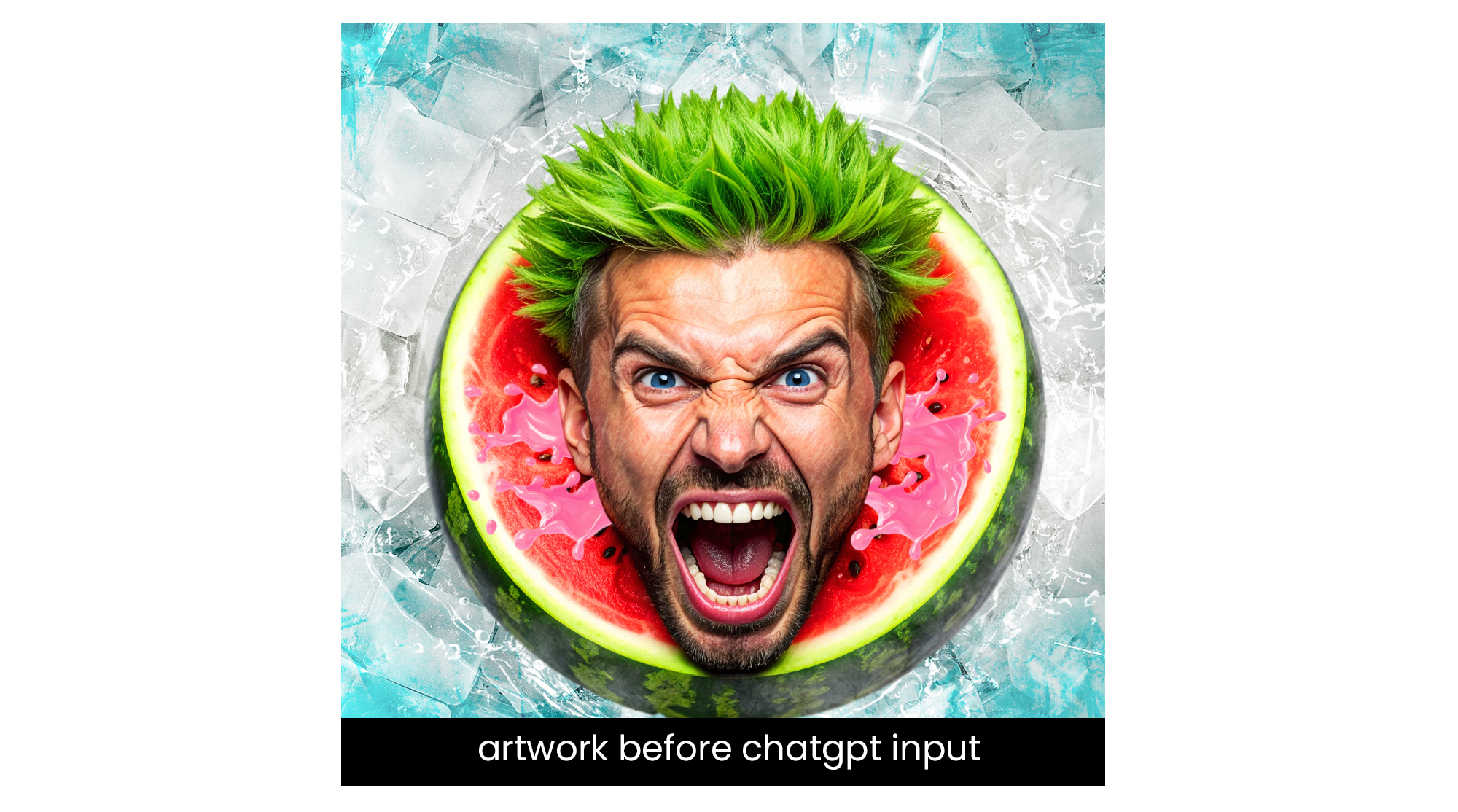 Watermelon man character artwork set against an icy backdrop with pink liquid splash accents prior to final edits.