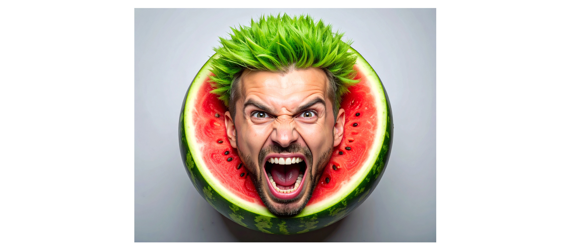 Surreal digital character illustration of a man with green spiked hair shouting from inside a halved watermelon. 