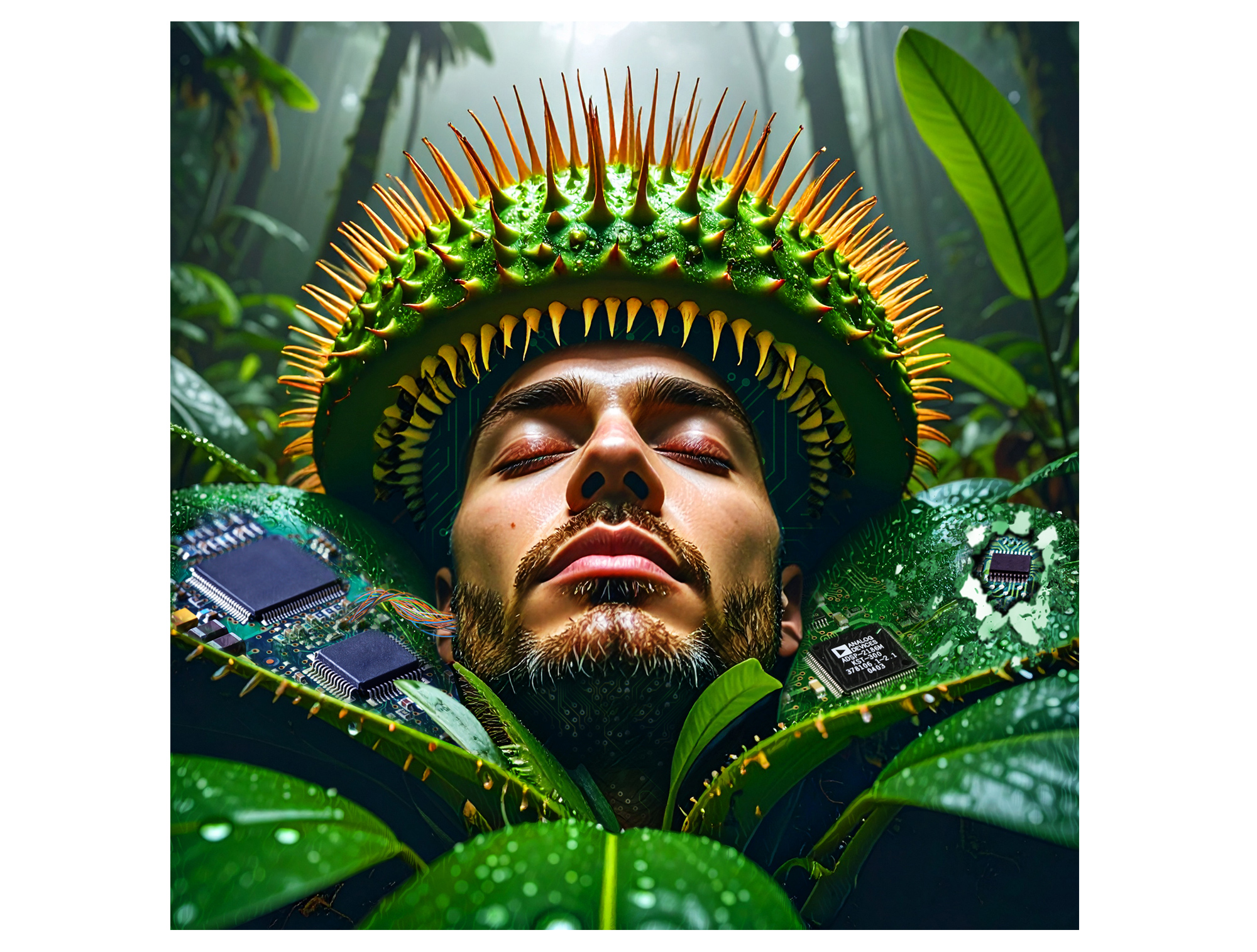 Completed digital artwork featuring a sleeping man enclosed by a Venus flytrap merged with circuit board details.