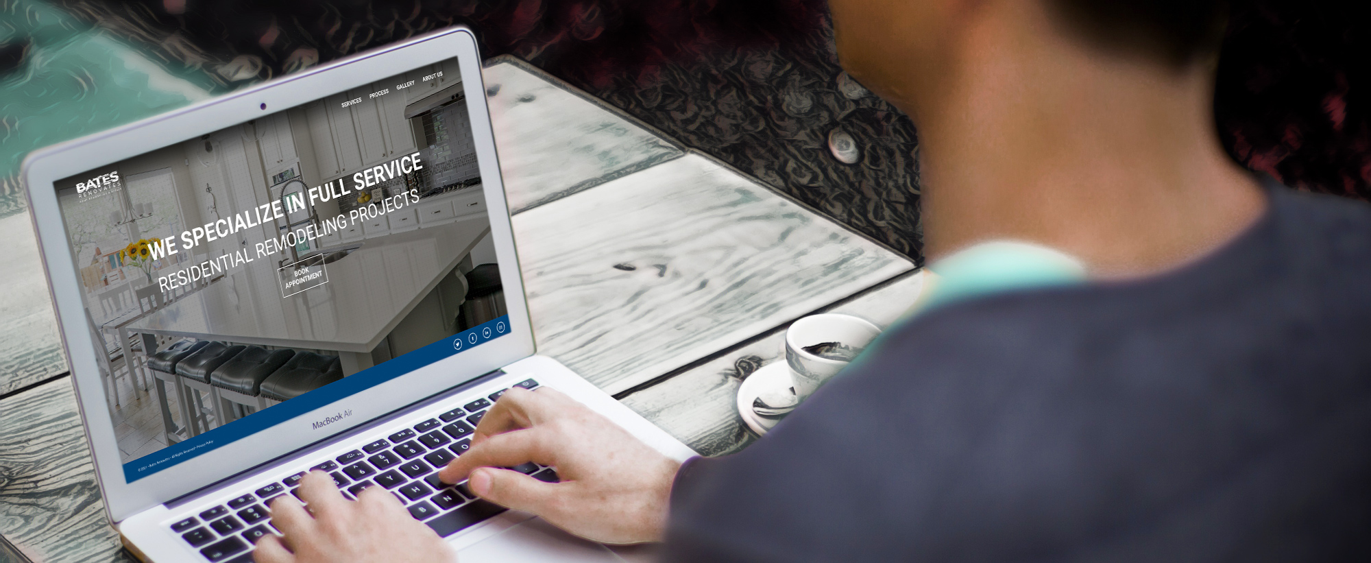 Laptop screen showcasing the homepage design for residential remodeling services as part of a contractor brand identity and web design case study. 