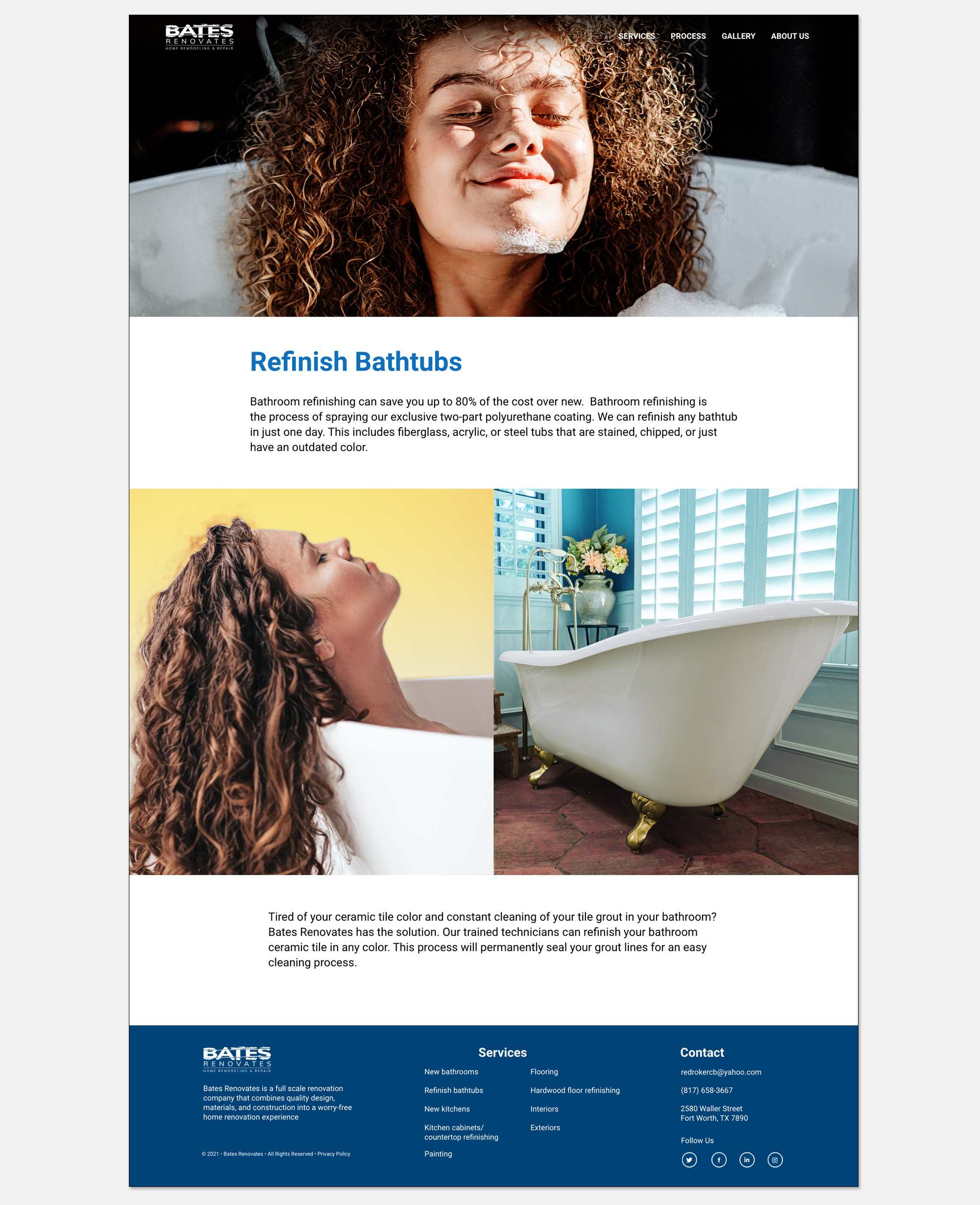 Desktop web page design highlighting bathtub refinishing services and ceramic tile sealing for the Bates Renovates web design case study.  