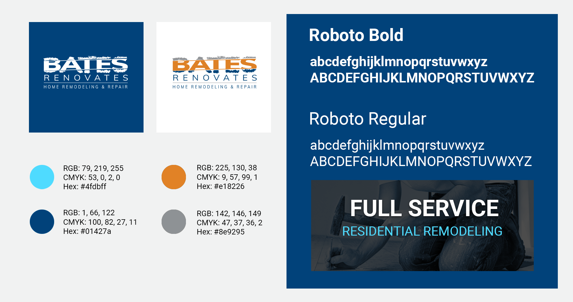 Brand identity style guide detailing logo usage, color palette values, and typography rules for the Bates Renovates contractor brand identity design case study.