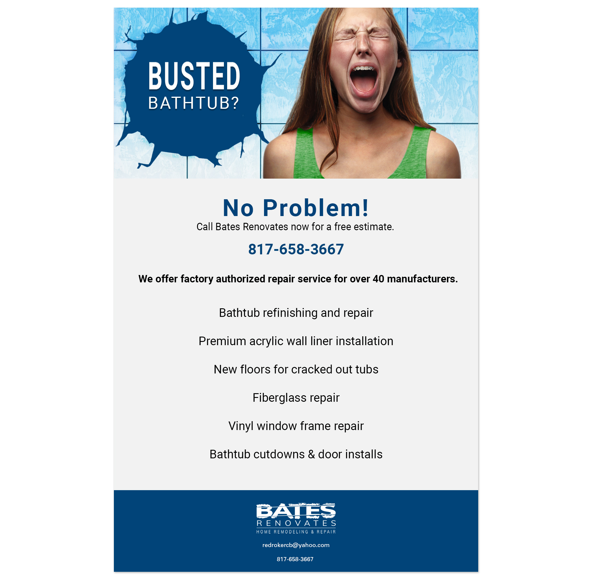 High-conversion promotional landing page for bathtub refinishing services, part of a contractor brand identity and web design case study for Bates Renovates.