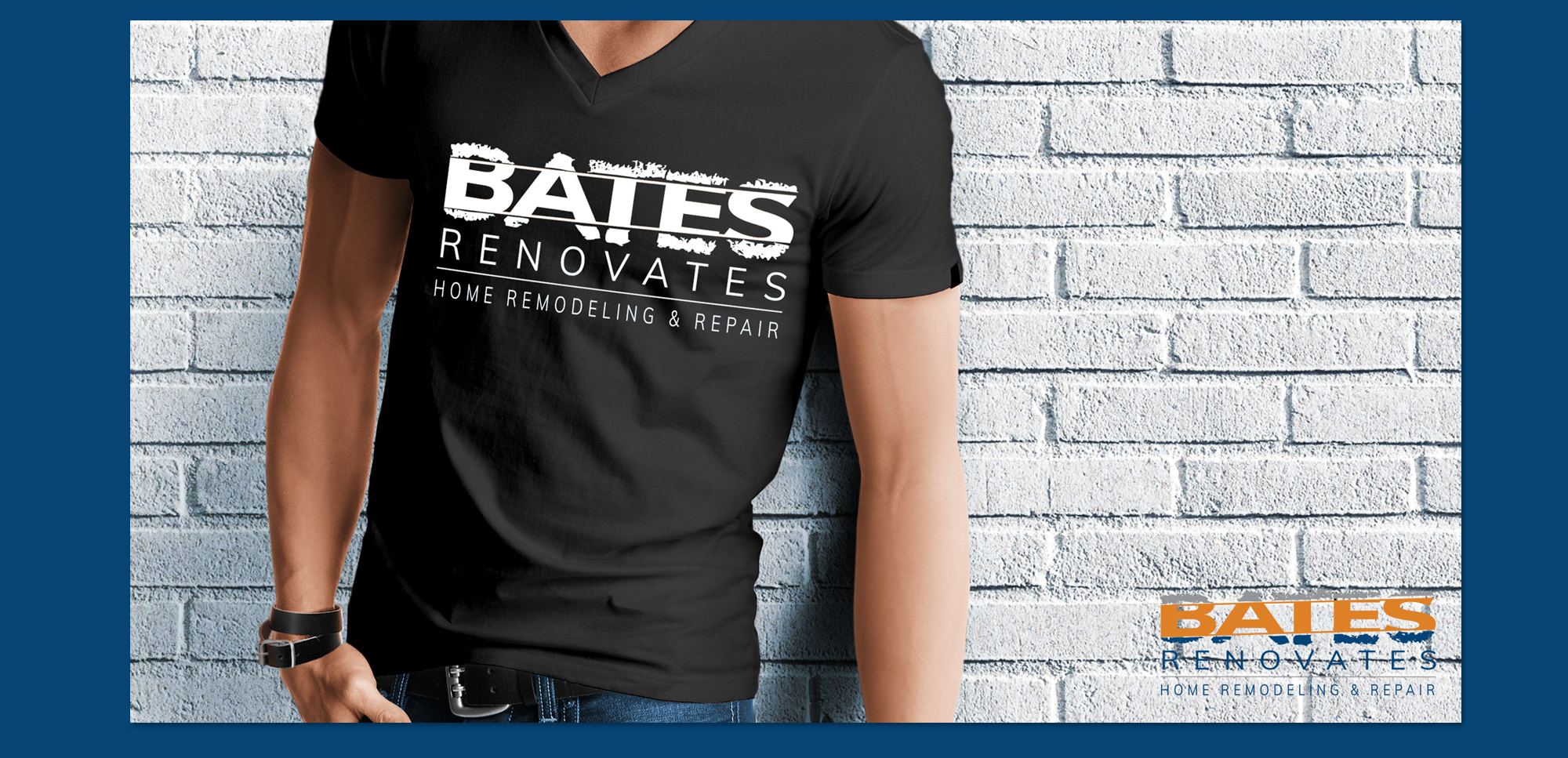 Black v-neck t-shirt featuring the Bates Renovates logo, demonstrating a print and digital collateral unification framework for contractor apparel. 