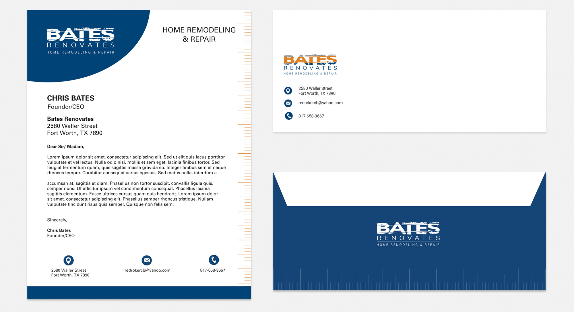 Branded letterhead and envelope design showcasing a print and digital collateral unification framework for Bates Renovates home remodeling operations.