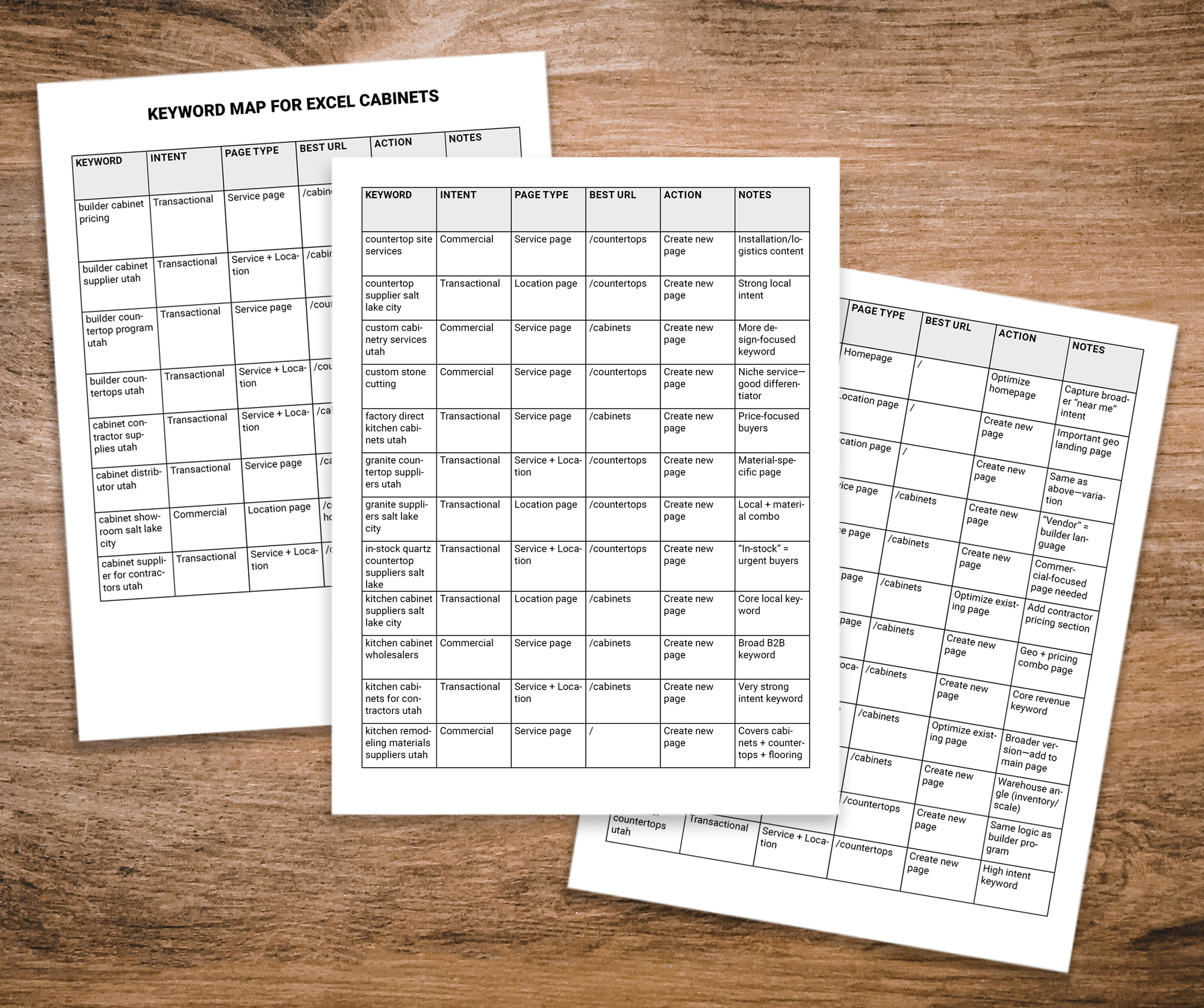 Search engine optimization keyword research documents mapping search intent, URL structure, and action items.