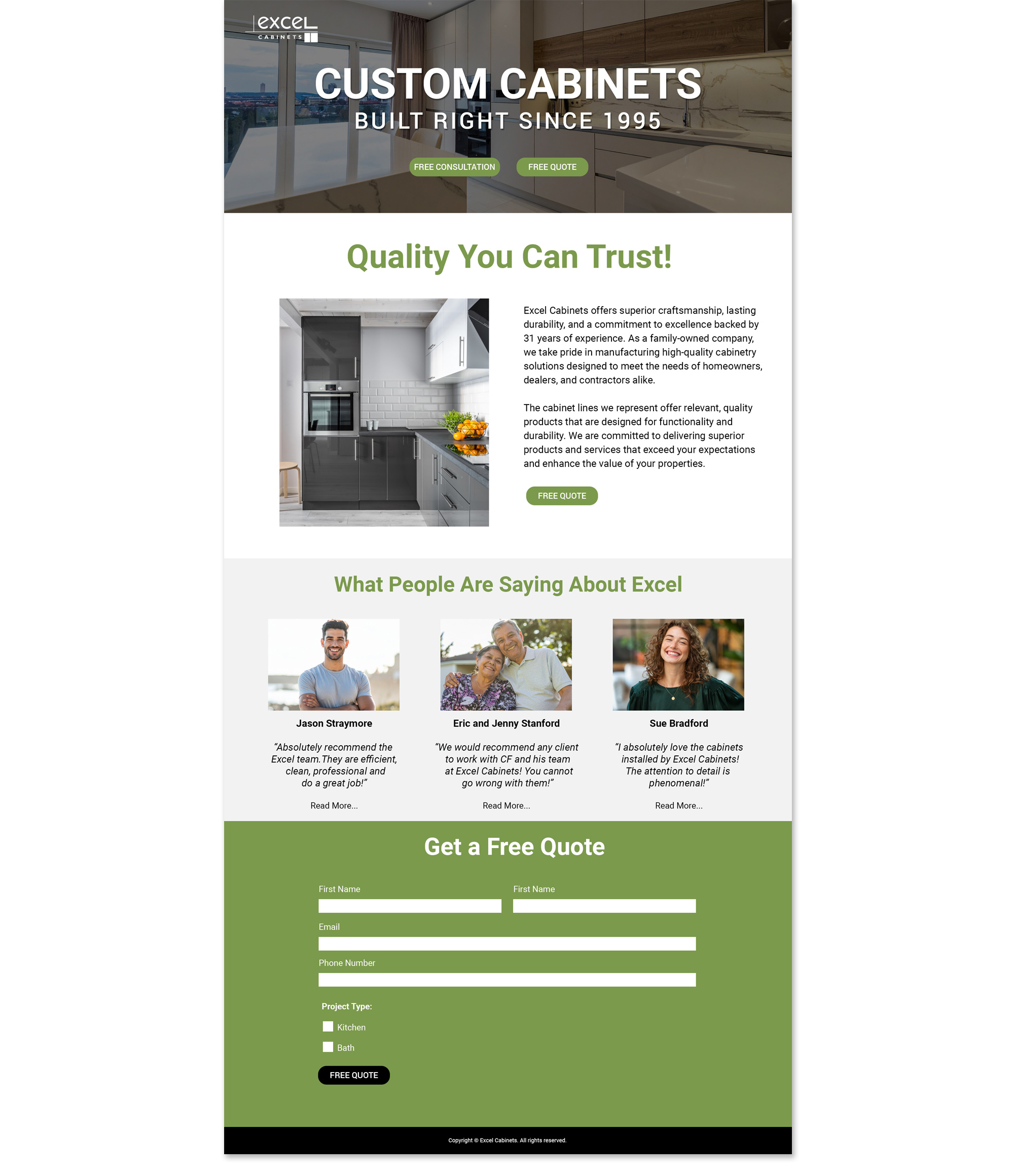 Full landing page design featuring custom cabinet options, customer reviews, and an embedded lead capture form.