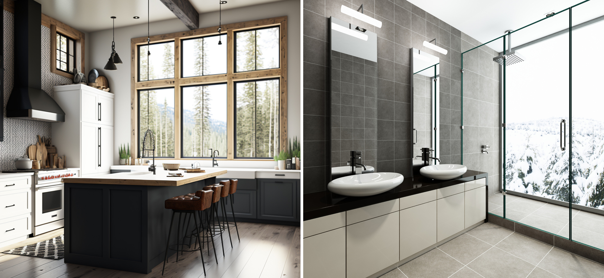 Split-screen graphic displaying a rustic modern kitchen on the left and a sleek contemporary bathroom vanity on the right.