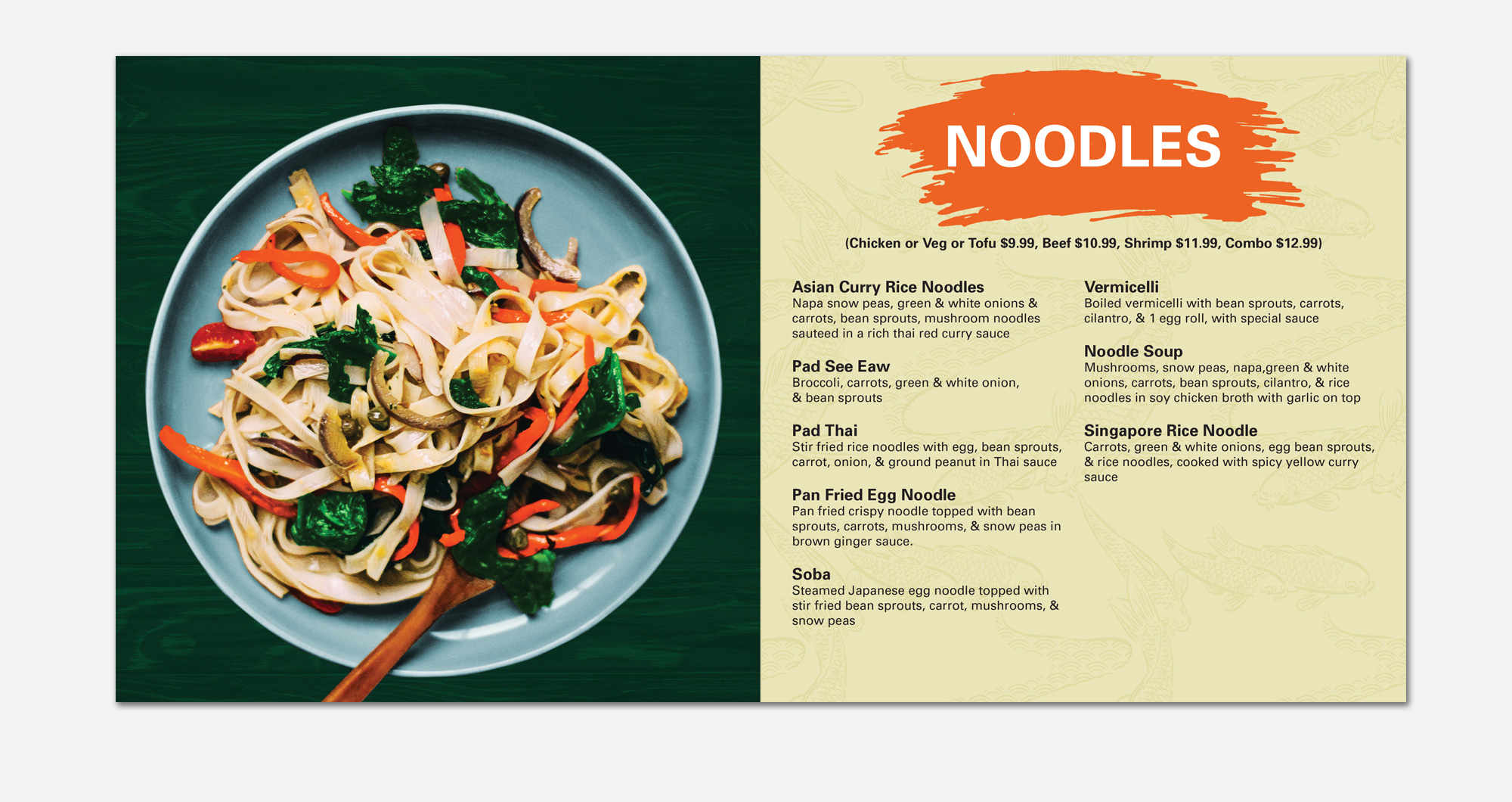 Hospitality brand identity and menu architecture spread highlighting pan-Asian noodle dishes alongside clear price hierarchies. 