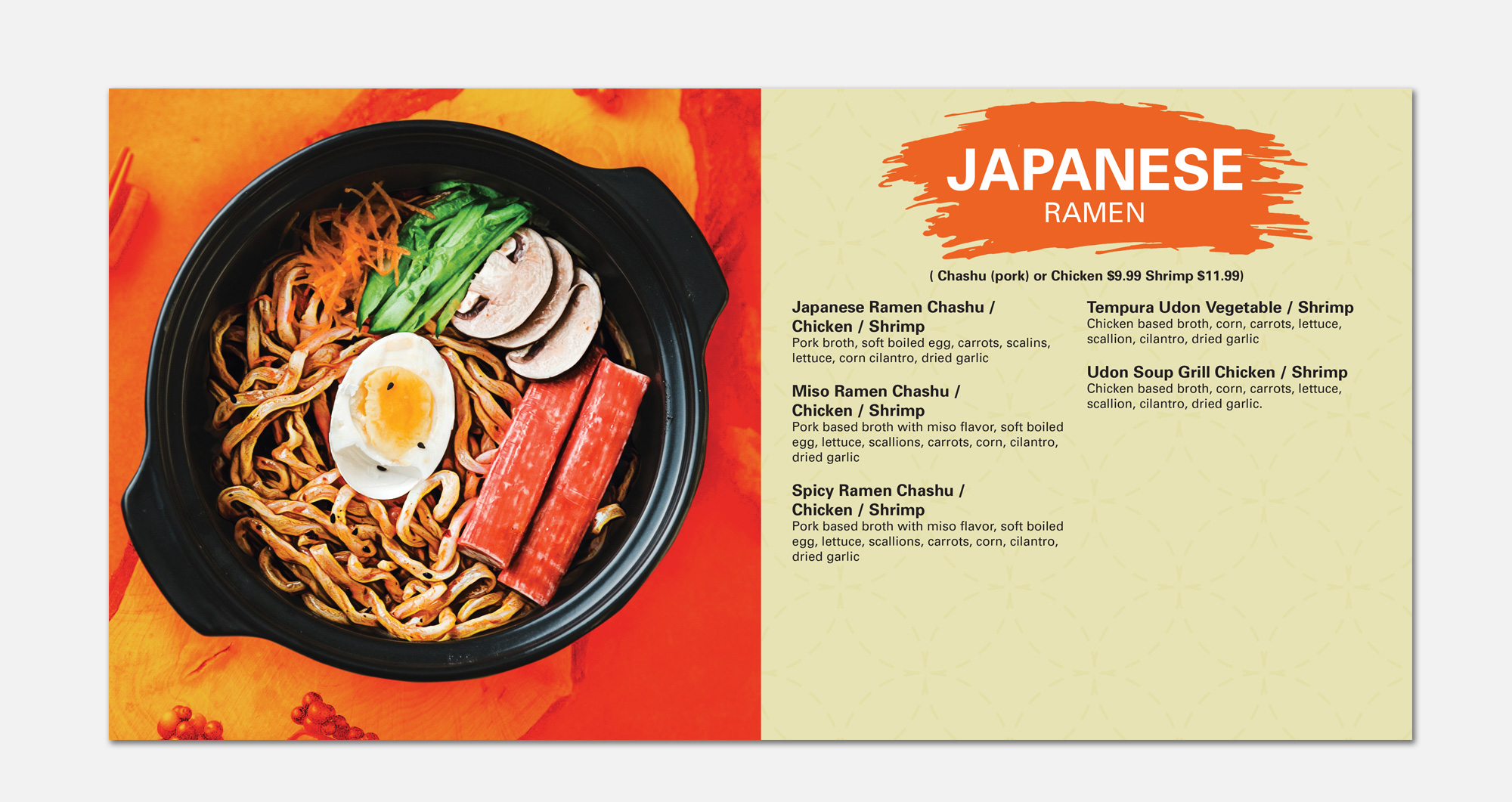 Menu typography and conversion layout presenting Japanese ramen options with a overhead bowl of noodles and toppings.