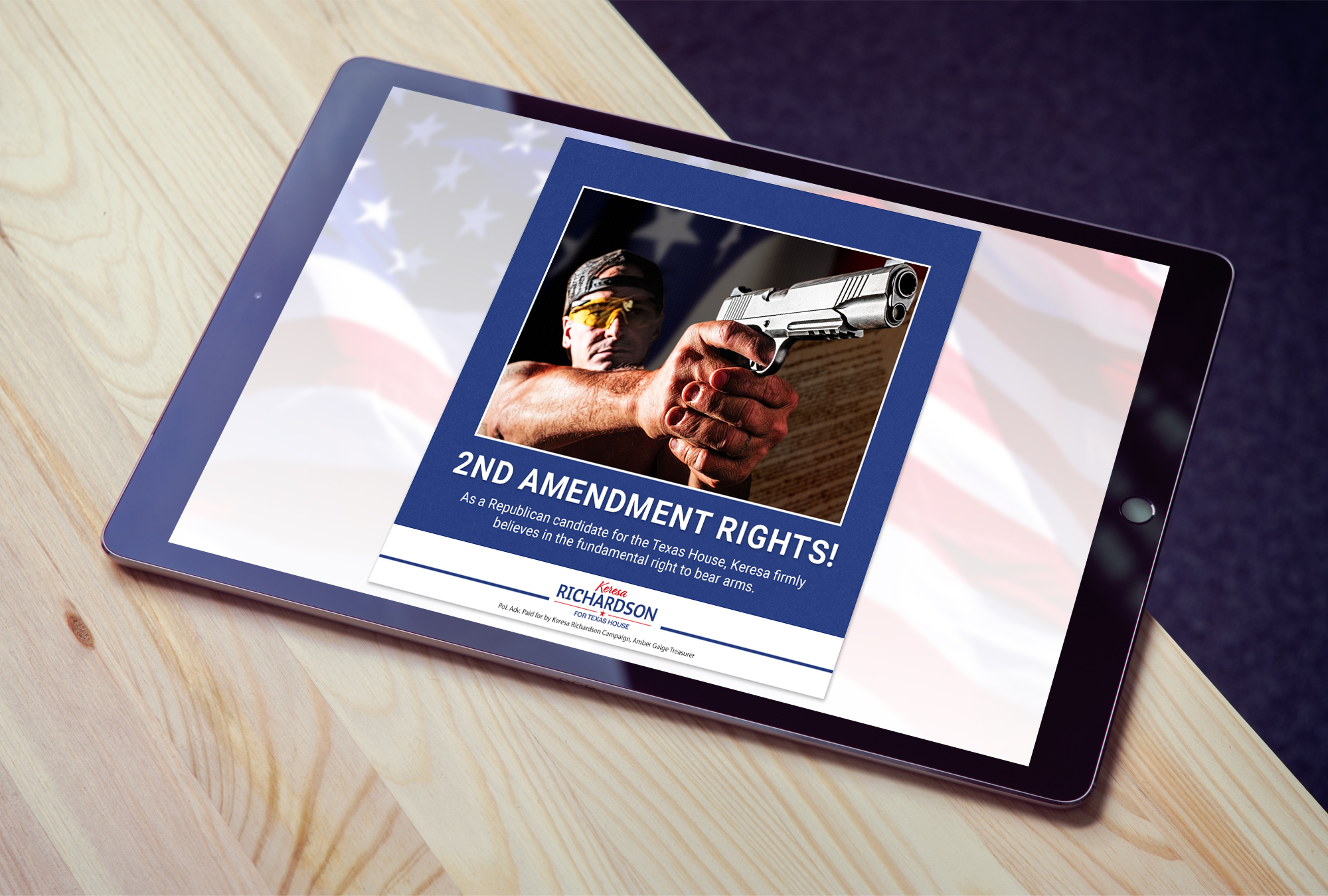 Tablet screen showcasing a digital campaign ad layout promoting 2nd Amendment rights for a Texas House candidate.