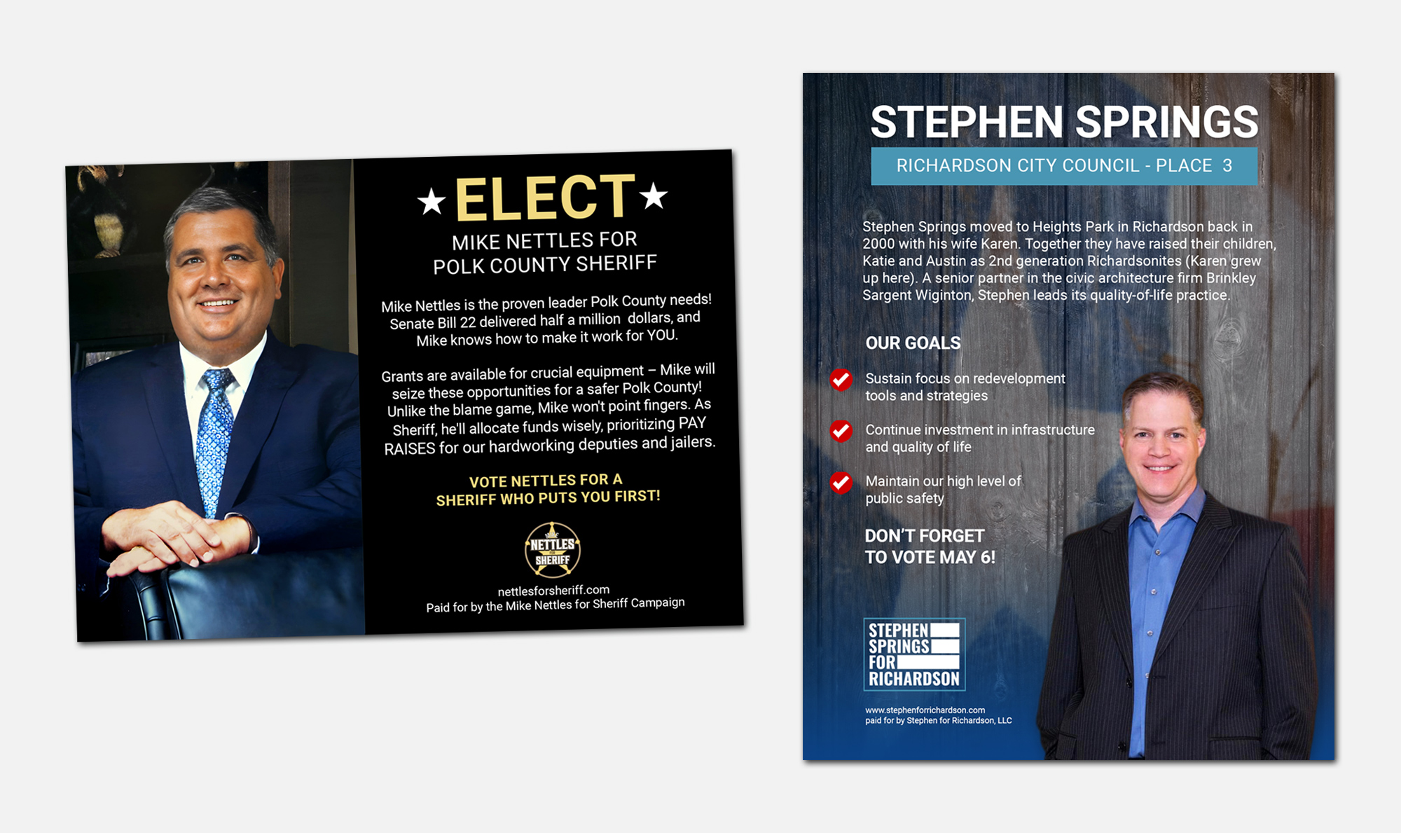 Side-by-side print campaign ads for county sheriff and city council elections illustrating voter engagement media assets.