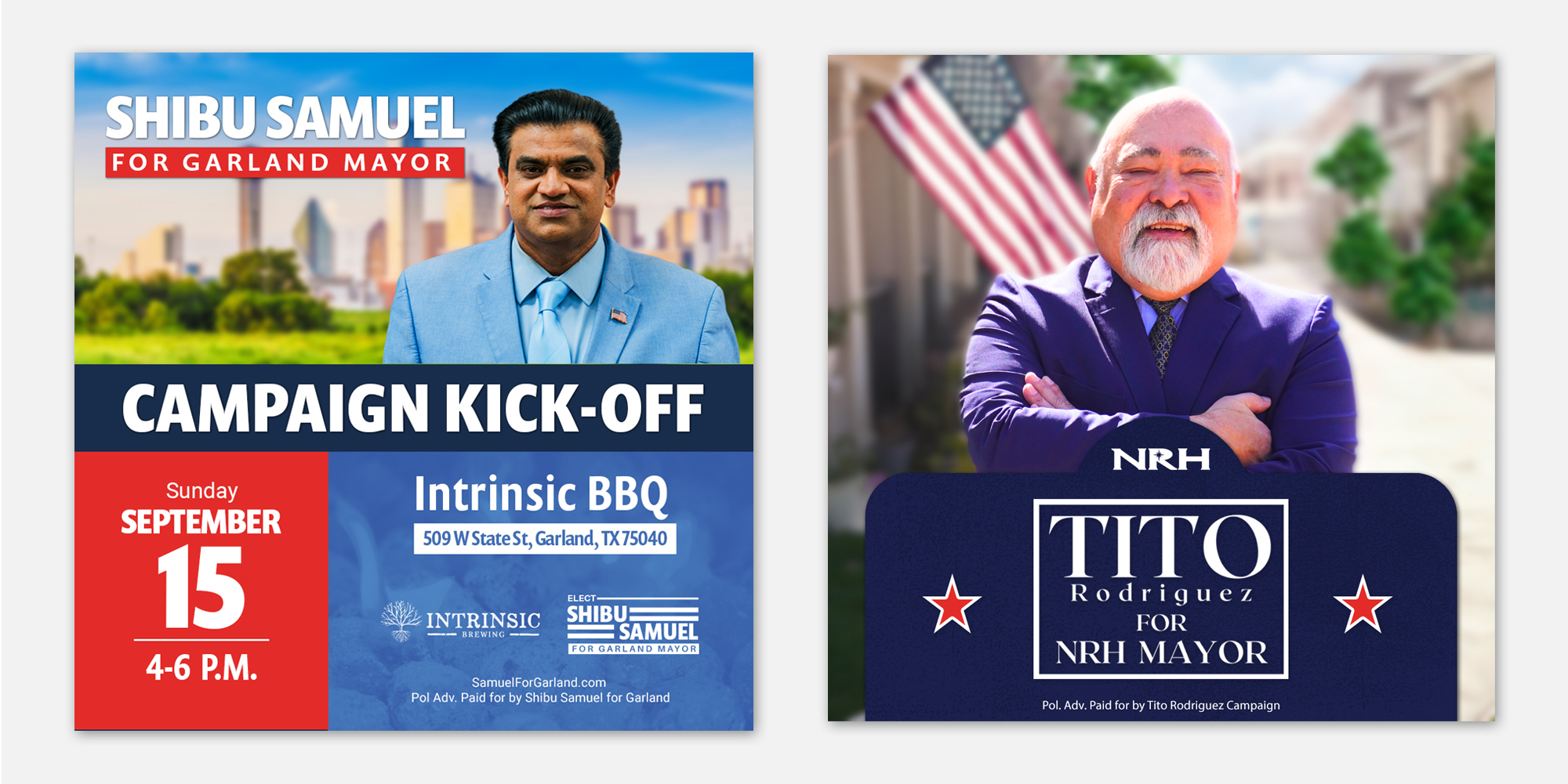 Pair of square social media promotional graphics advertising campaign kickoff events for mayoral candidates.