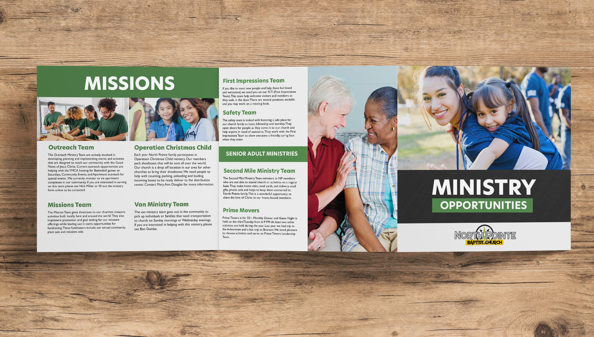 Trifold brochure layout displaying ministry opportunities and community outreach programs for North Pointe Baptist Church. 