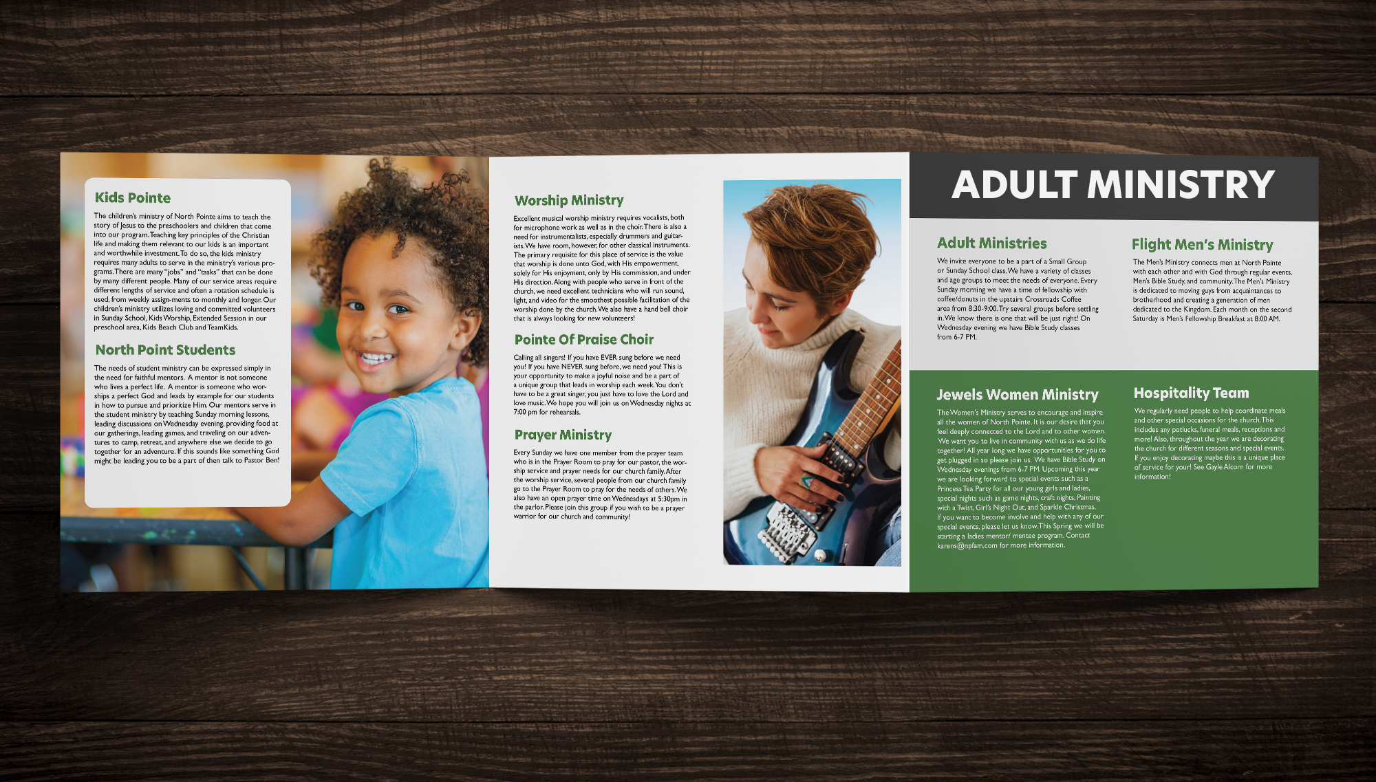 Interior brochure spread highlighting adult and youth ministries with clean typography and balanced image placement. 