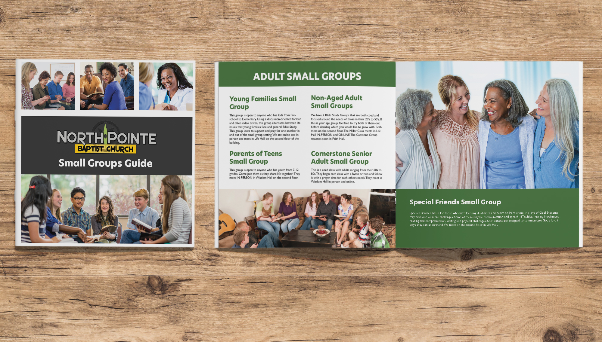 Multi-page booklet layout showing the cover and interior adult small group directory for North Pointe Baptist Church.