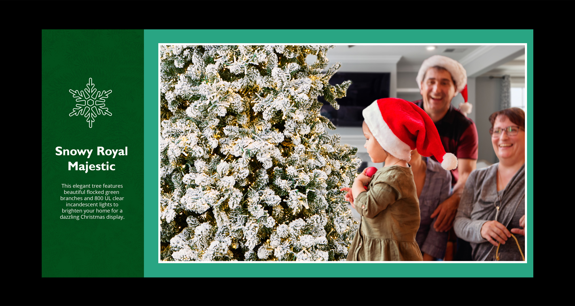 Full-bleed catalog page highlighting a flocked artificial Christmas tree alongside a family enjoying holiday decorations. 