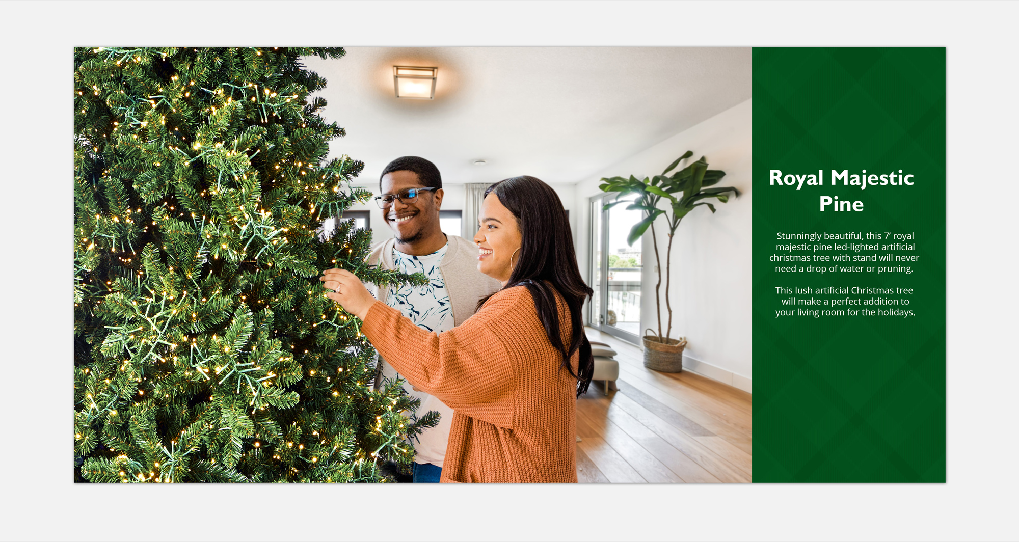 Lifestyle catalog spread featuring a couple decorating an artificial pine tree alongside product descriptions and dimensions.