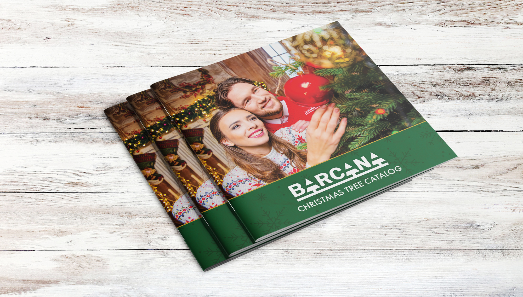 Barcana Christmas Tree Catalog cover layout on a white wood background highlighting seasonal retail catalog design strategy. 