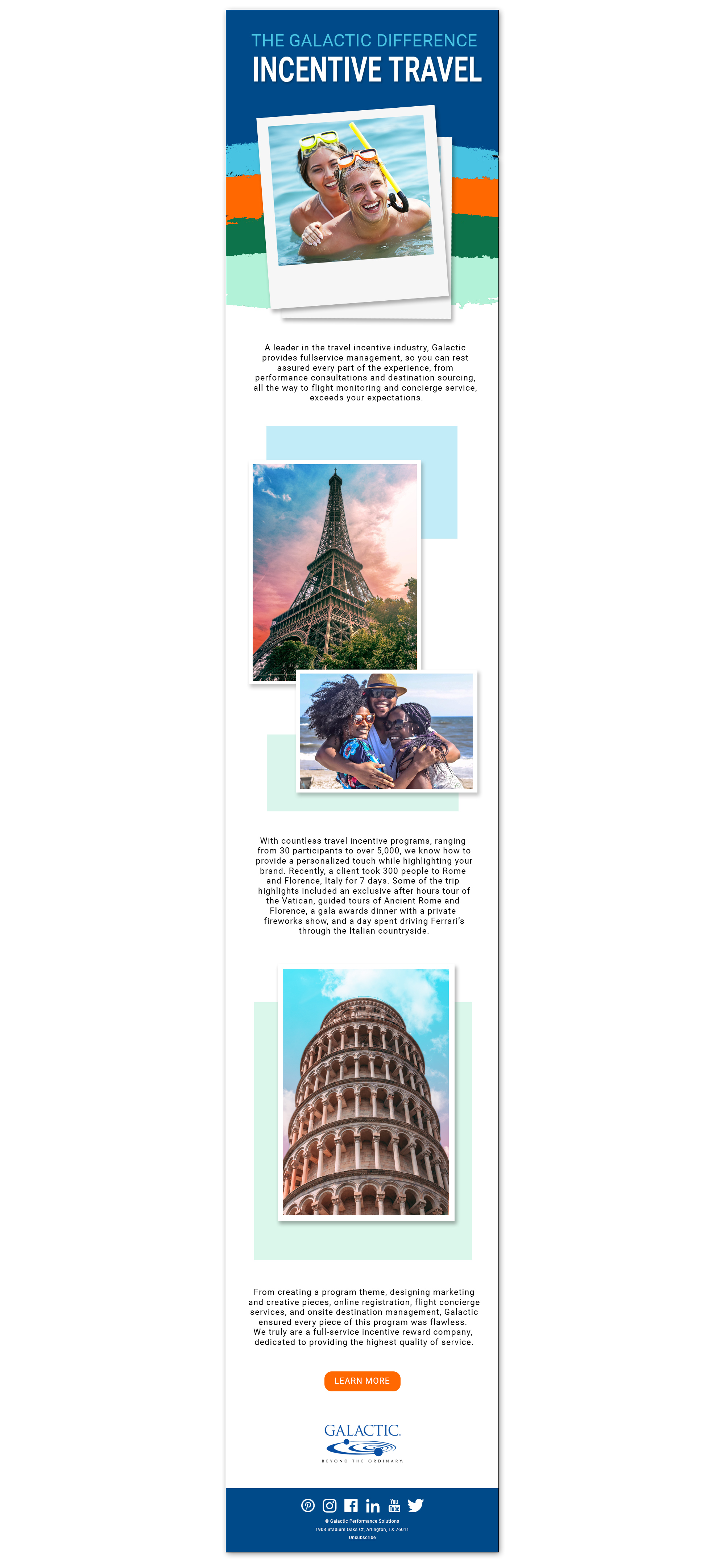 Long-form promotional B2B email template highlighting international travel incentive destinations with photo collages and CTA button.
