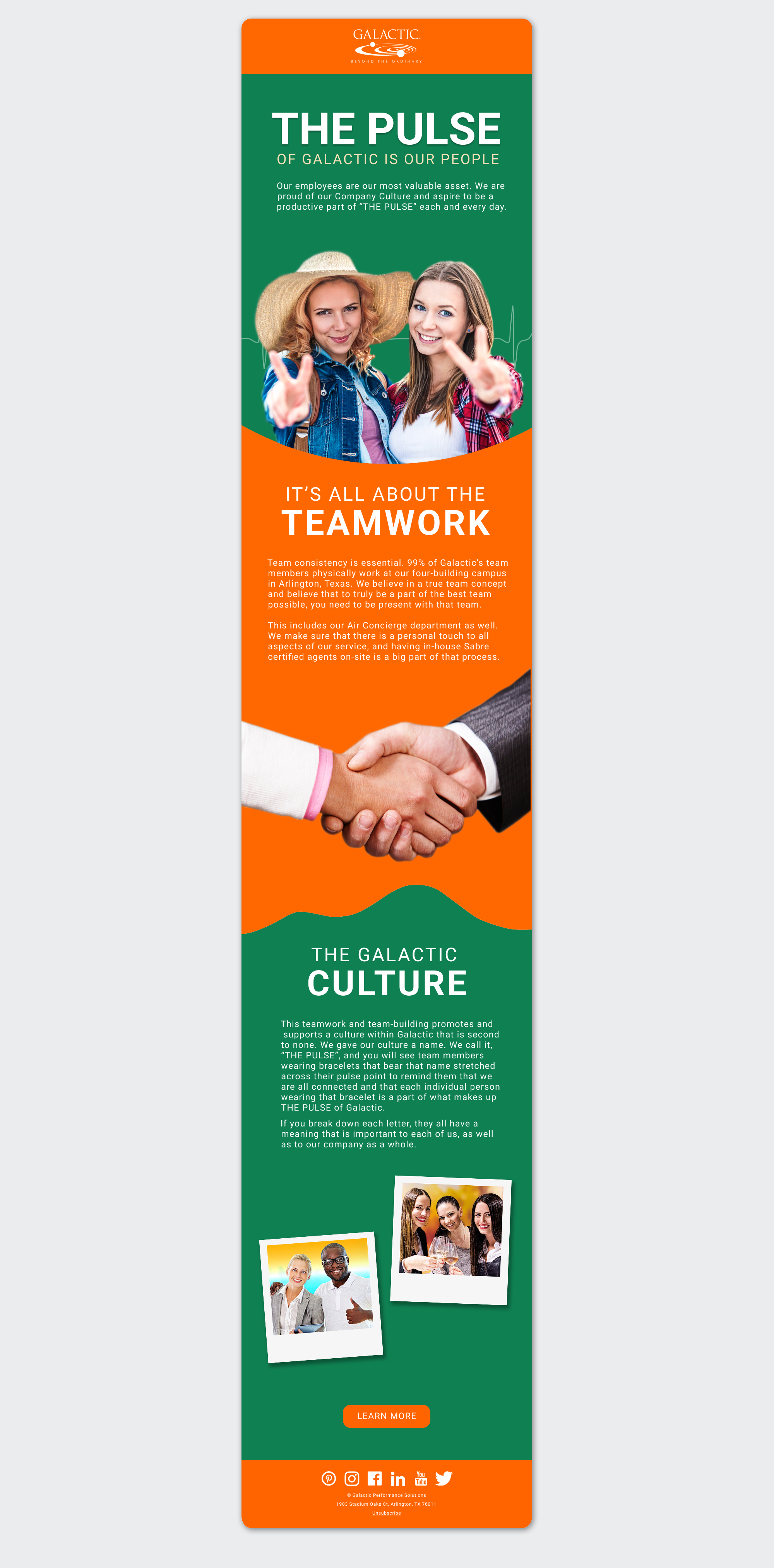 Internal company culture HTML email newsletter for Galactic Performance Solutions featuring employee photos, branded sections, and custom typography. 