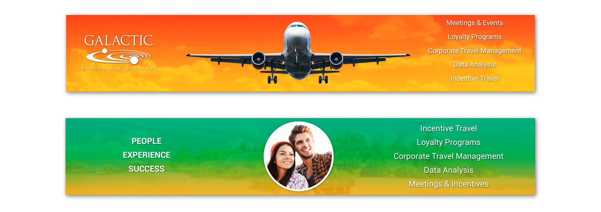 Two wide YouTube channel banners featuring an airplane in flight and corporate travel service offerings.