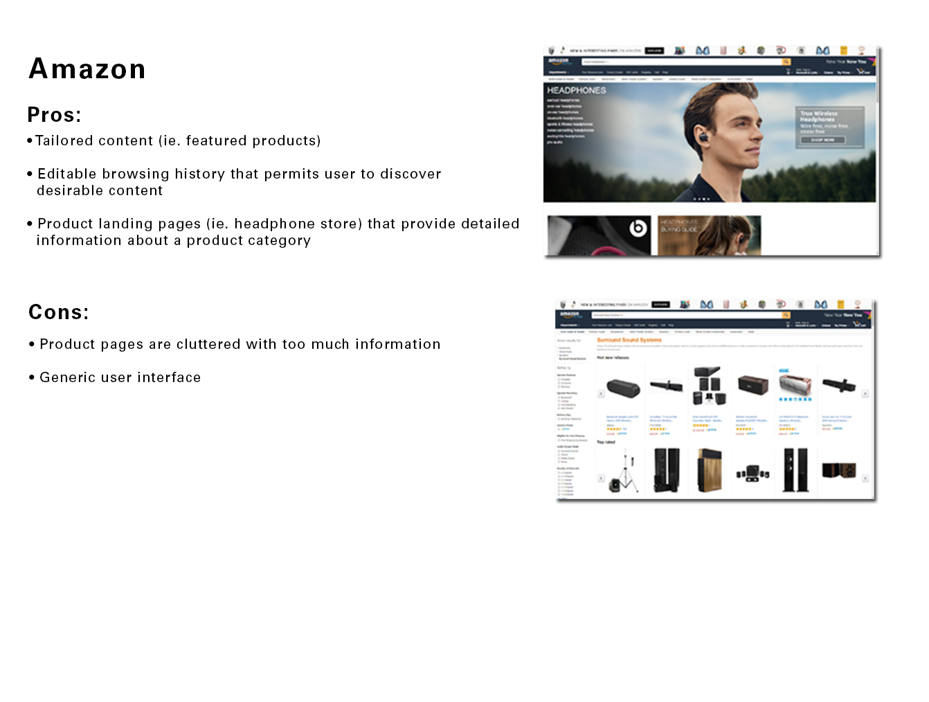 UX competitive audit analyzing Amazon's website navigation structure, product landing pages, and content density pros and cons.