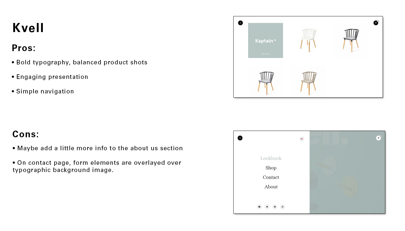 UX design evaluation breakdown analyzing minimal typography, product catalog layout, and navigation usability for Kvell.