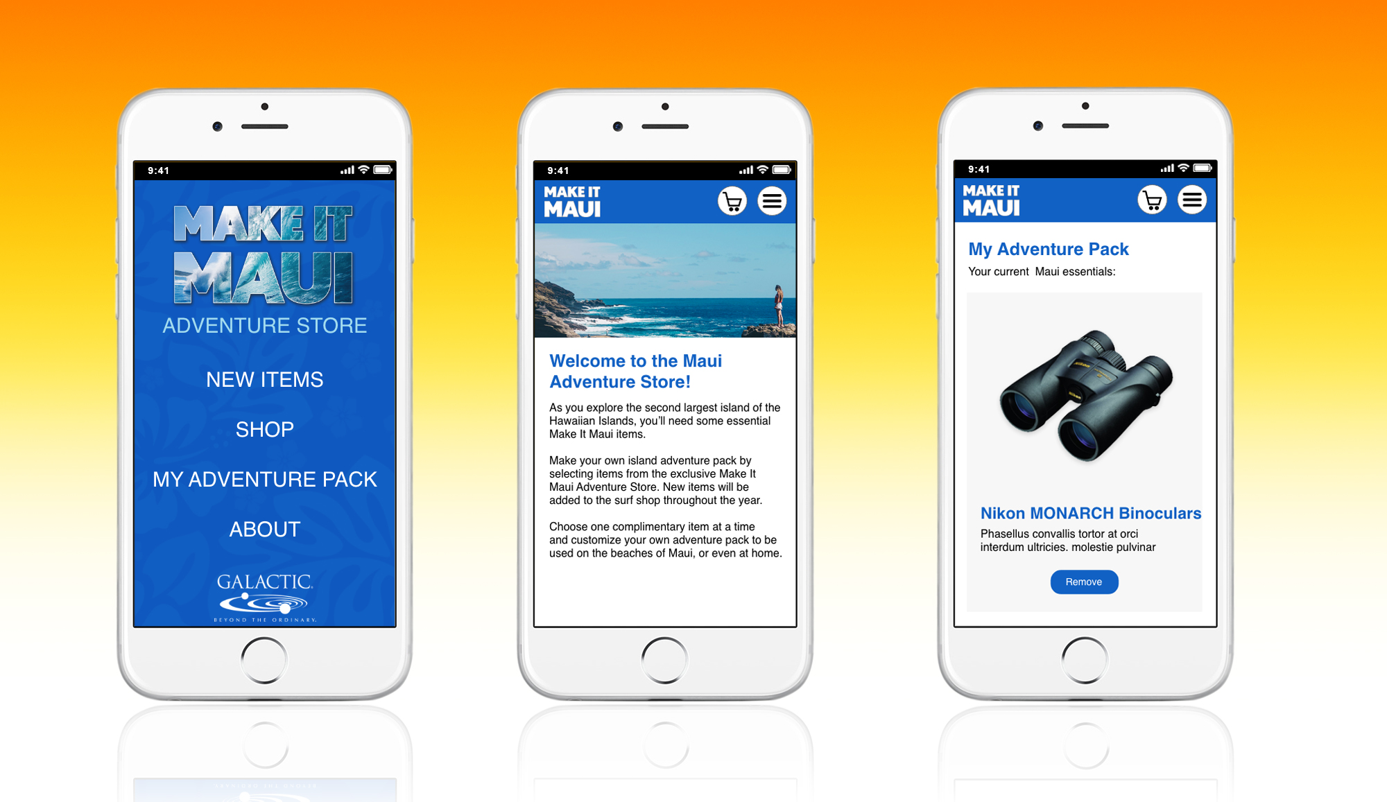 Three smartphone screens displaying mobile navigation, welcome copy, and saved item views for Make It Maui. 