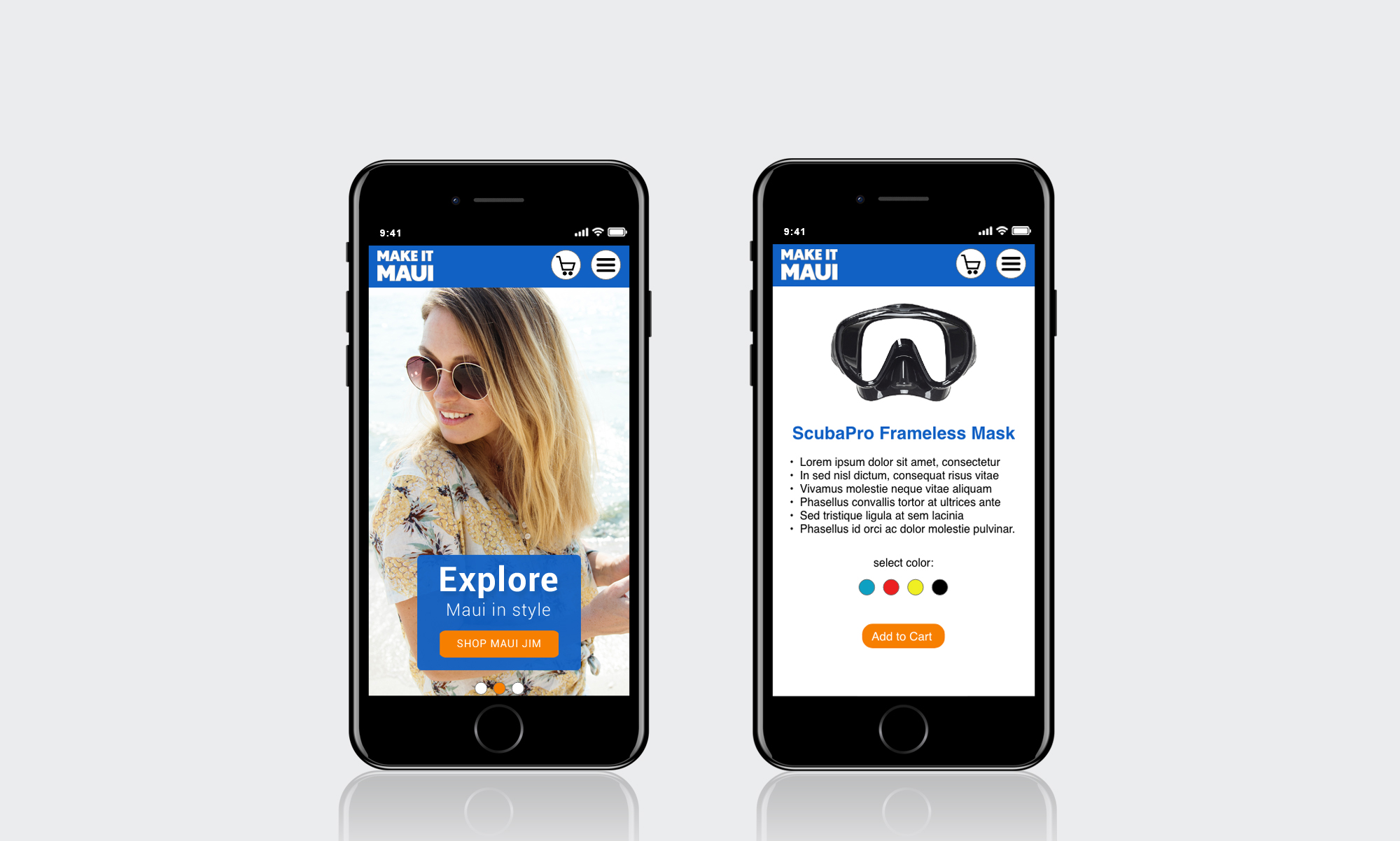 Dual mobile screen mockup showcasing a lifestyle promo banner and a scuba mask product detail interface.
