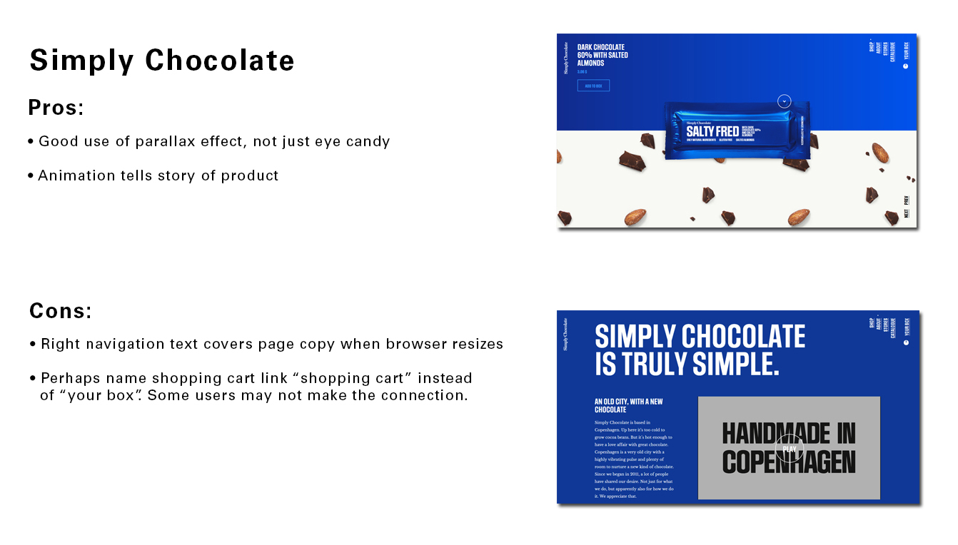 Digital marketing case study slide evaluating user interface features and story-driven animation for Simply Chocolate.
