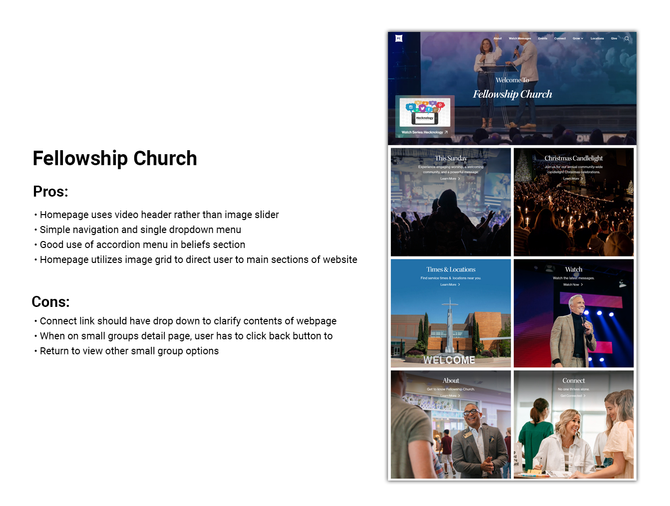 Competitive UX analysis break-down evaluating pros and cons of Fellowship Church website layout and navigation.