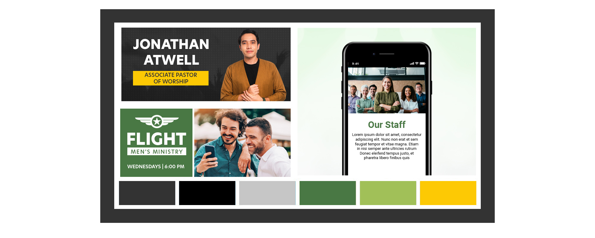 Website design moodboard highlighting color palette, typography, staff profiles, and mobile UI concepts for Northpointe Church.