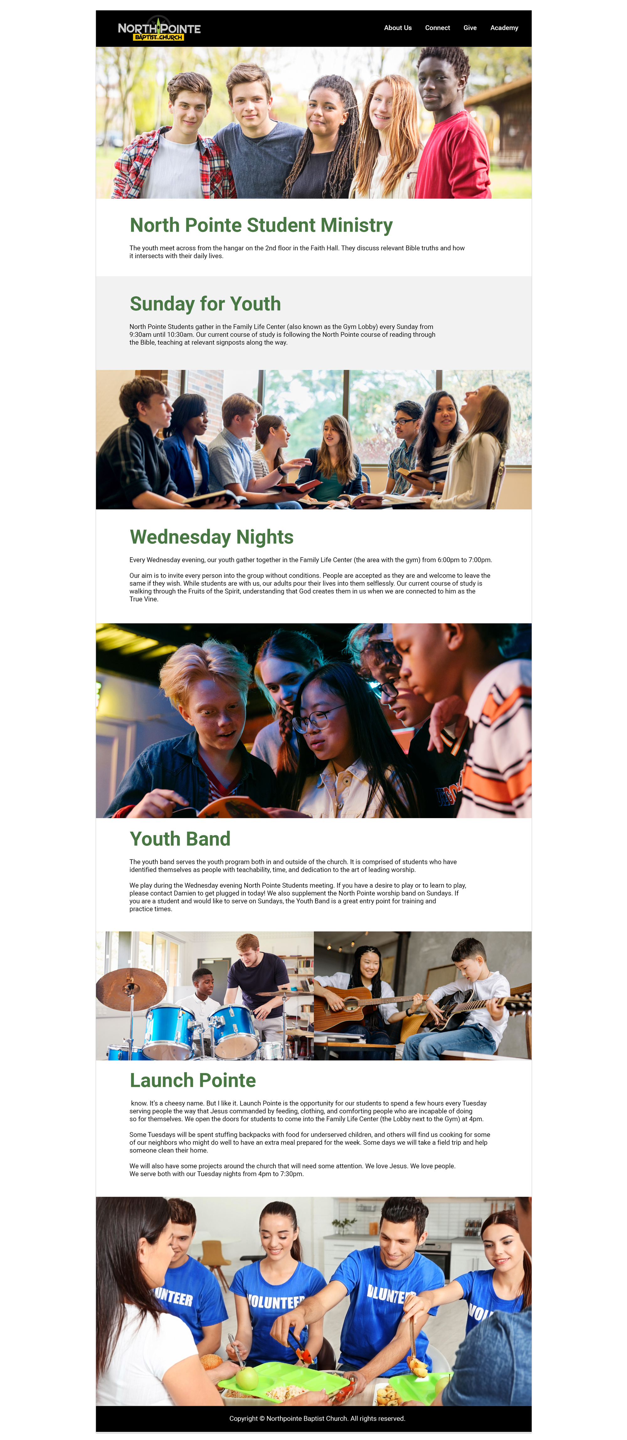 Full webpage layout detailing North Pointe Student Ministry schedule, youth band details, and volunteer community outreach programs.
