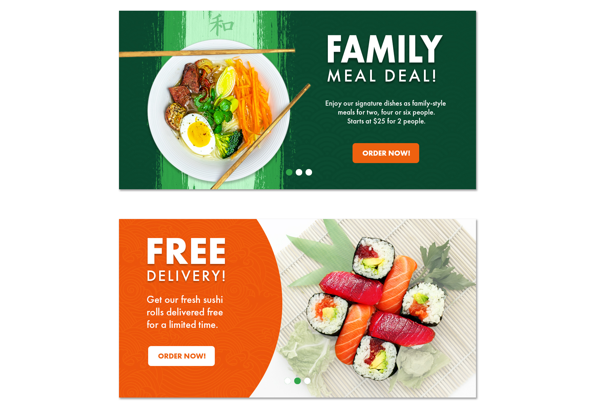 A digital advertisement featuring two promotional banners: the top banner displays a family meal deal for Asian noodle soup starting at $25, and the bottom banner offers free delivery on fresh sushi rolls and nigiri.